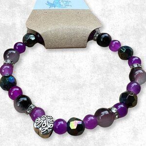 Purple Glass and Black Acrylic Beaded Stretchy Bracelet with Silver Accents